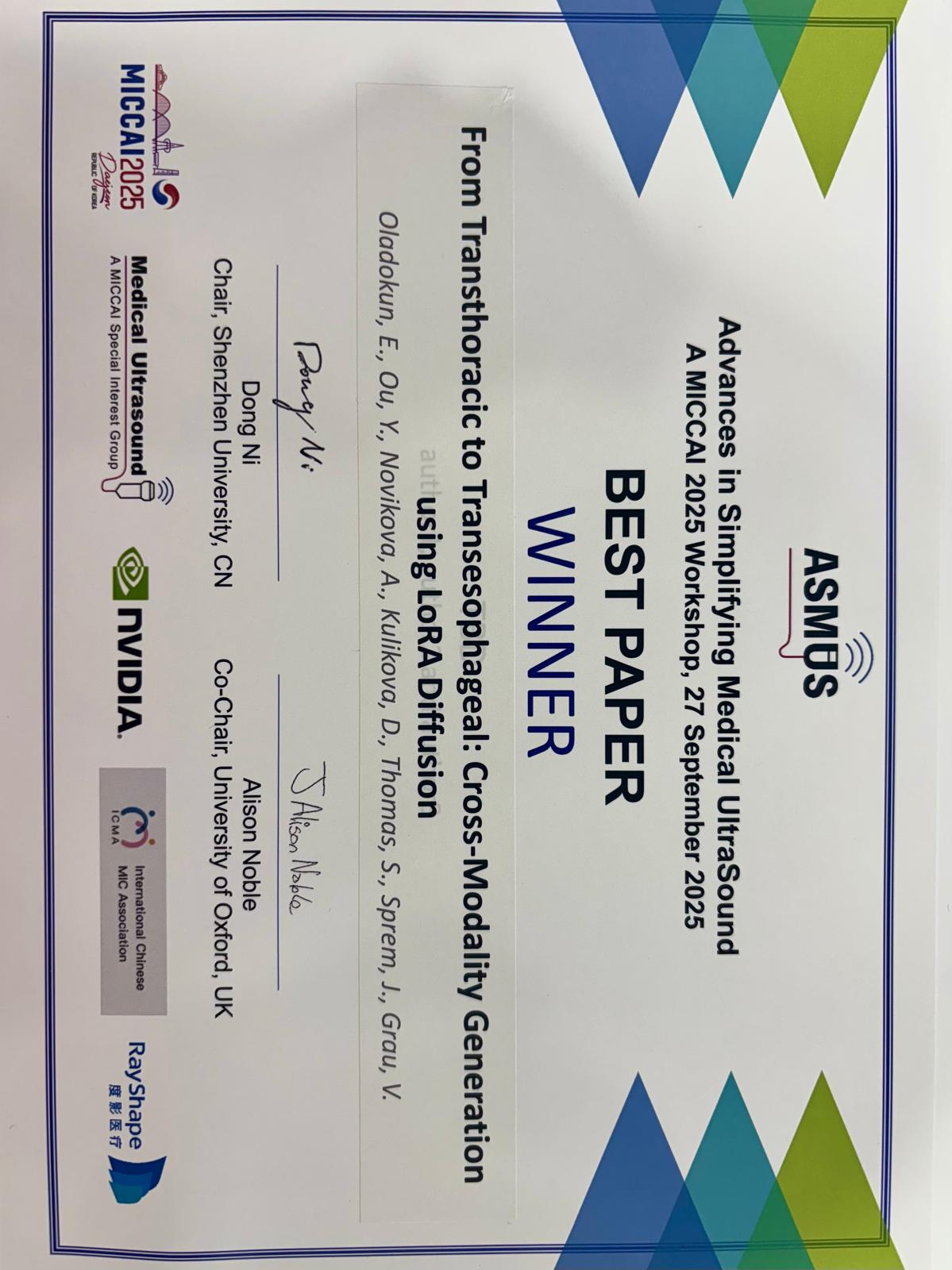 MICCAI 2025 award certificate